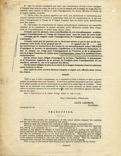 Reproduction de la deuxi&egrave;me page de la Circulaire num&eacute;ro soixante-sept de l’Association canadienne-fran&ccedil;aise d’&eacute;ducation d’Ontario (ACFEO) appelant les commissions scolaires franco-ontariennes &agrave; la r&eacute;sistance contre le R&egrave;glement XVII, 19 septembre 1912.