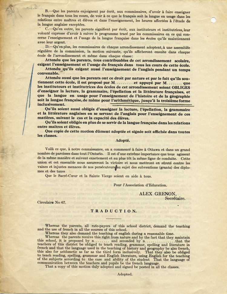 Reproduction de la deuxi&egrave;me page de la Circulaire num&eacute;ro soixante-sept de l’Association canadienne-fran&ccedil;aise d’&eacute;ducation d’Ontario (ACFEO) appelant les commissions scolaires franco-ontariennes &agrave; la r&eacute;sistance contre le R&egrave;glement XVII, 19 septembre 1912.