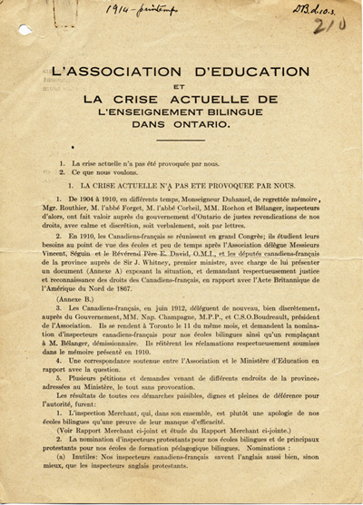 Association canadienne-fran&ccedil;aise d'&eacute;ducation d'Ontario, &laquo;&nbsp;L'Association d'&eacute;ducation et la crise actuelle de l'enseignement bilingue dans Ontario&nbsp;&raquo;, printemps 1914, p.&nbsp;1.