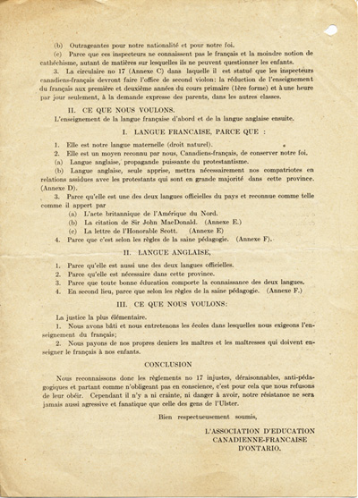 Reproduction de la deuxi&egrave;me page de la lettre-circulaire intitul&eacute;e L’Association d’&eacute;ducation et la crise actuelle de l’enseignement bilingue dans Ontario, par l’Association canadienne-fran&ccedil;aise d’&eacute;ducation d’Ontario (ACFEO), printemps 1914.