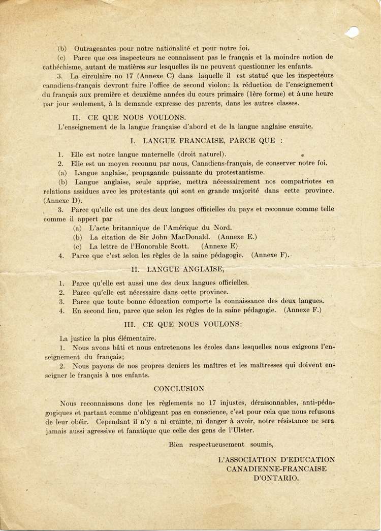 Reproduction de la deuxi&egrave;me page de la lettre-circulaire intitul&eacute;e L’Association d’&eacute;ducation et la crise actuelle de l’enseignement bilingue dans Ontario, par l’Association canadienne-fran&ccedil;aise d’&eacute;ducation d’Ontario (ACFEO), printemps 1914.