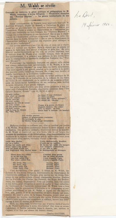 Reproduction d’un article de Charles Gautier intitul&eacute; M. Walsh se r&eacute;v&egrave;le et paru dans le journal Le Droit, 19 f&eacute;vrier 1926.