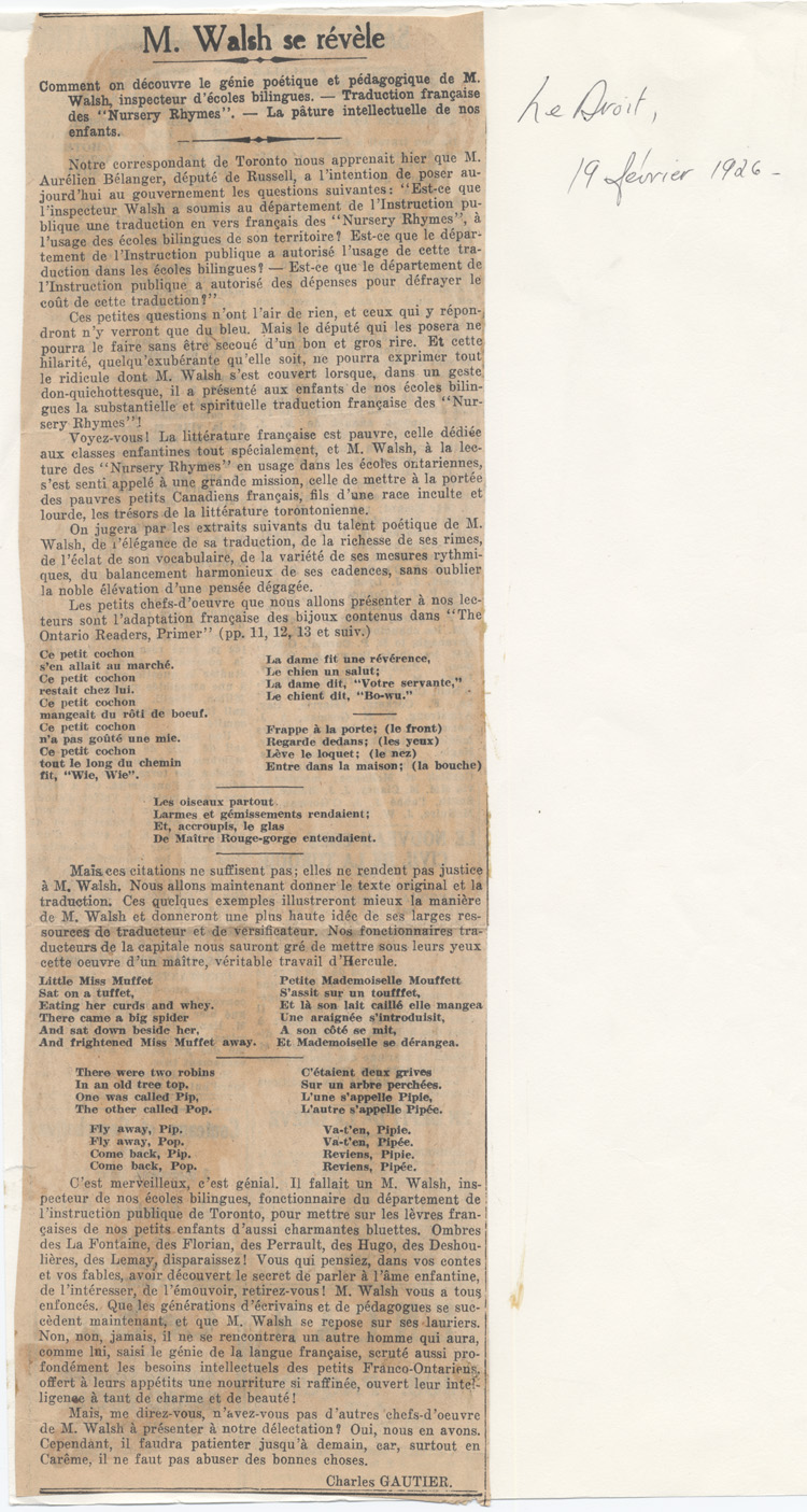 Reproduction d’un article de Charles Gautier intitul&eacute; M. Walsh se r&eacute;v&egrave;le et paru dans le journal Le Droit, 19 f&eacute;vrier 1926.