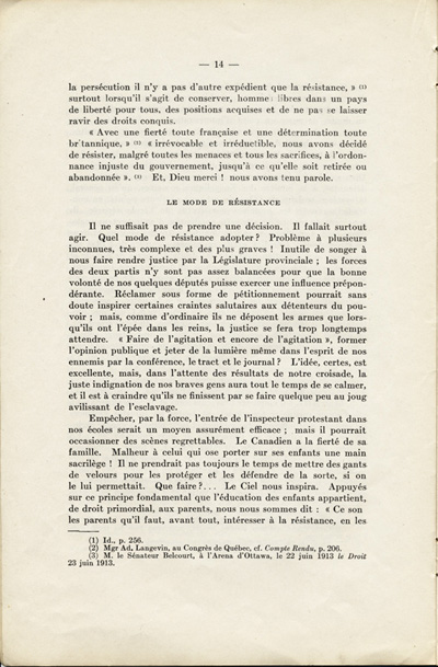 Reproduction de la quatorzi&egrave;me page de La langue fran&ccedil;aise et les petits Canadiens fran&ccedil;ais de l’Ontario, &eacute;tude intitul&eacute;e Le mode de r&eacute;sistance et lue en s&eacute;ance publique de la Soci&eacute;t&eacute; du parler fran&ccedil;ais au Canada, &agrave; l’Universit&eacute; Laval (Qu&eacute;bec), le 4 f&eacute;vrier 1914, par Alphonse-T&eacute;lesphore Charron, 1914.