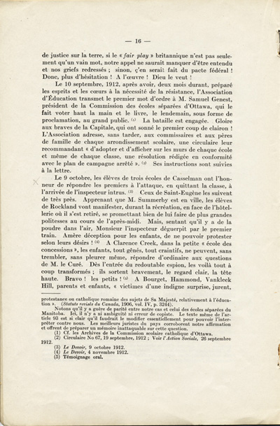 Reproduction de la seizi&egrave;me page de La langue fran&ccedil;aise et les petits Canadiens fran&ccedil;ais de l’Ontario, &eacute;tude intitul&eacute;e Le mode de r&eacute;sistance et lue en s&eacute;ance publique de la Soci&eacute;t&eacute; du parler fran&ccedil;ais au Canada, &agrave; l’Universit&eacute; Laval (Qu&eacute;bec), le 4 f&eacute;vrier 1914, par Alphonse-T&eacute;lesphore Charron, 1914.