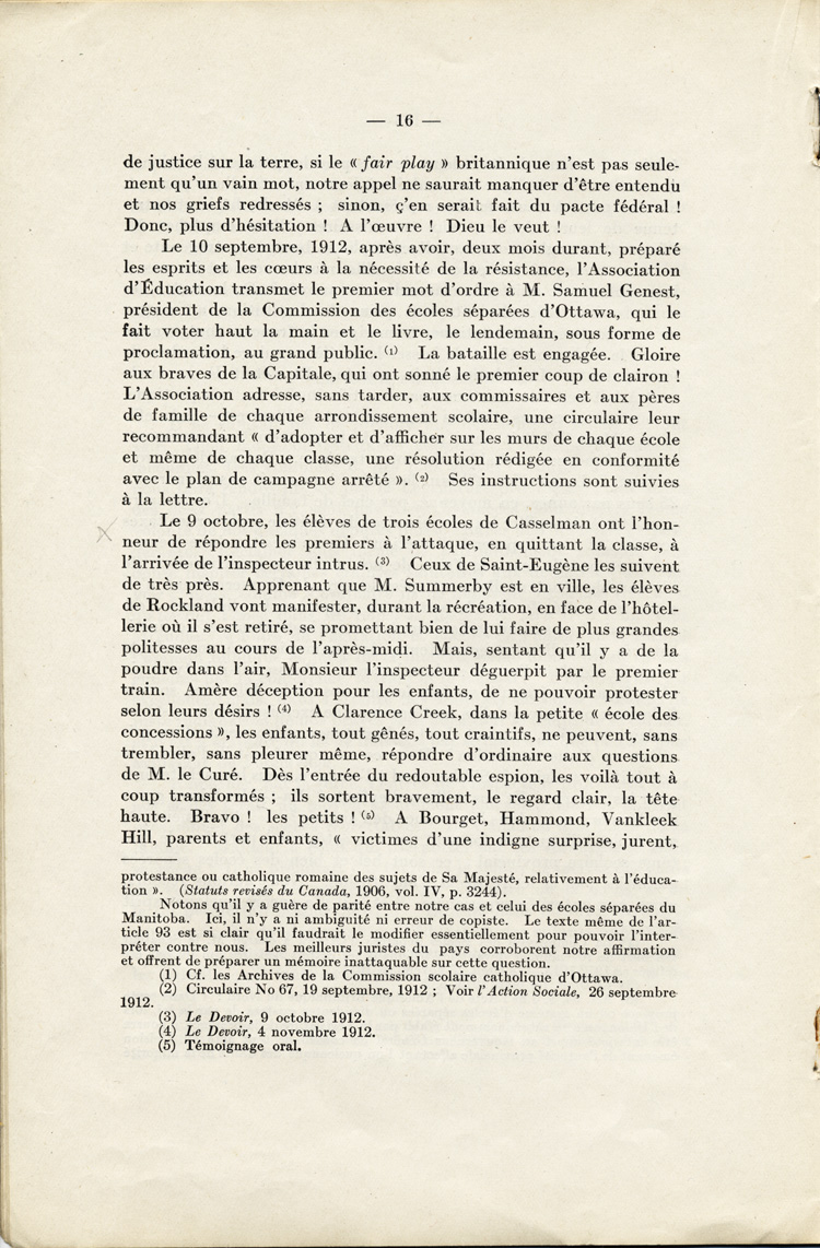 Reproduction de la seizi&egrave;me page de La langue fran&ccedil;aise et les petits Canadiens fran&ccedil;ais de l’Ontario, &eacute;tude intitul&eacute;e Le mode de r&eacute;sistance et lue en s&eacute;ance publique de la Soci&eacute;t&eacute; du parler fran&ccedil;ais au Canada, &agrave; l’Universit&eacute; Laval (Qu&eacute;bec), le 4 f&eacute;vrier 1914, par Alphonse-T&eacute;lesphore Charron, 1914.