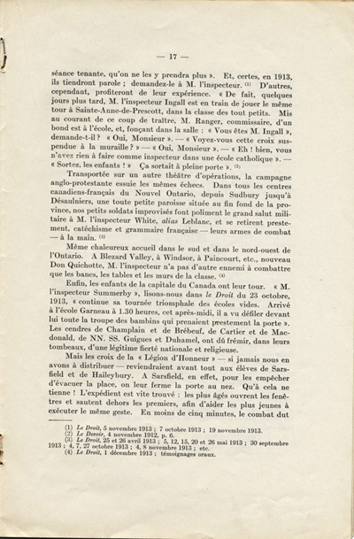 Reproduction de la dix-septi&egrave;me page de La langue fran&ccedil;aise et les petits Canadiens fran&ccedil;ais de l’Ontario, &eacute;tude intitul&eacute;e Le mode de r&eacute;sistance et lue en s&eacute;ance publique de la Soci&eacute;t&eacute; du parler fran&ccedil;ais au Canada, &agrave; l’Universit&eacute; Laval (Qu&eacute;bec), le 4 f&eacute;vrier 1914, par Alphonse-T&eacute;lesphore Charron, 1914.