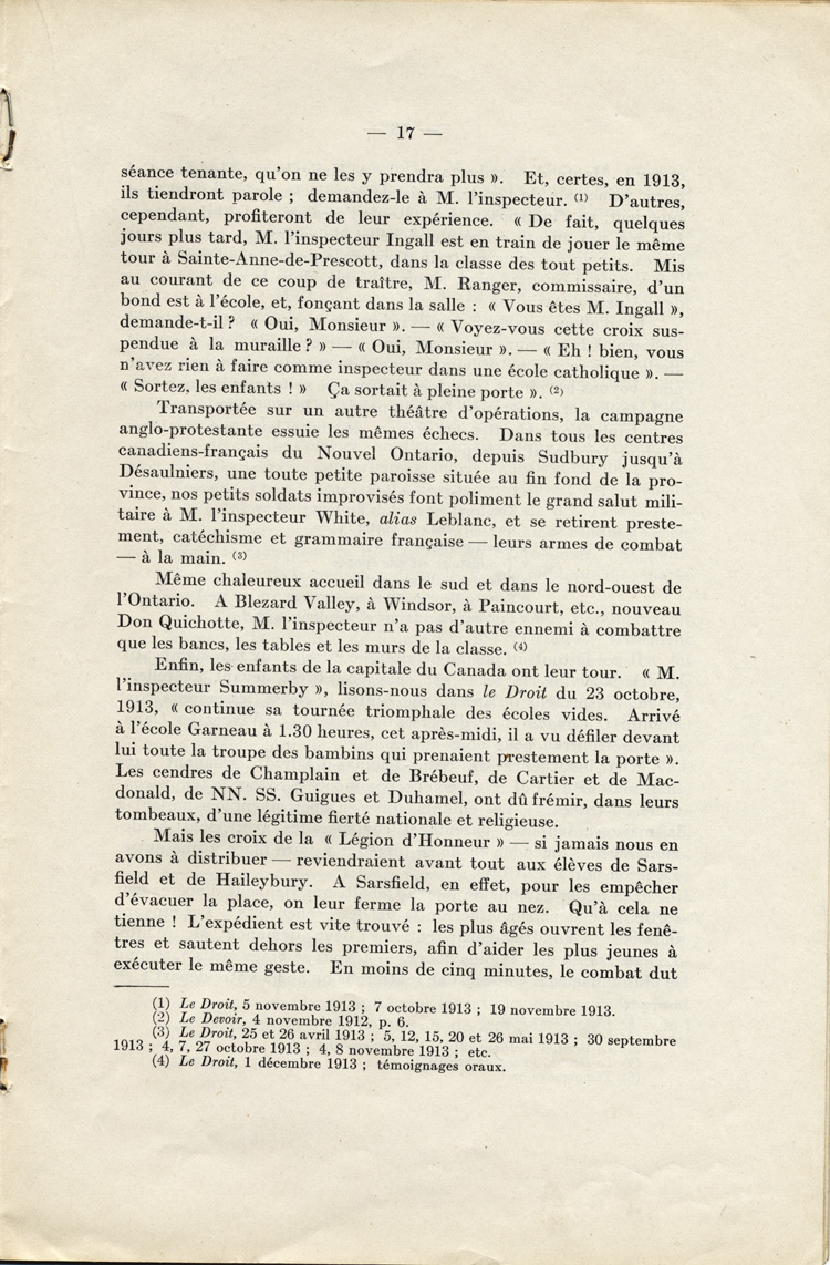 Reproduction de la dix-septi&egrave;me page de La langue fran&ccedil;aise et les petits Canadiens fran&ccedil;ais de l’Ontario, &eacute;tude intitul&eacute;e Le mode de r&eacute;sistance et lue en s&eacute;ance publique de la Soci&eacute;t&eacute; du parler fran&ccedil;ais au Canada, &agrave; l’Universit&eacute; Laval (Qu&eacute;bec), le 4 f&eacute;vrier 1914, par Alphonse-T&eacute;lesphore Charron, 1914.