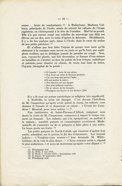 Reproduction de la dix-huiti&egrave;me page de La langue fran&ccedil;aise et les petits Canadiens fran&ccedil;ais de l’Ontario, &eacute;tude intitul&eacute;e Le mode de r&eacute;sistance et lue en s&eacute;ance publique de la Soci&eacute;t&eacute; du parler fran&ccedil;ais au Canada, &agrave; l’Universit&eacute; Laval (Qu&eacute;bec), le 4 f&eacute;vrier 1914, par Alphonse-T&eacute;lesphore Charron, 1914.