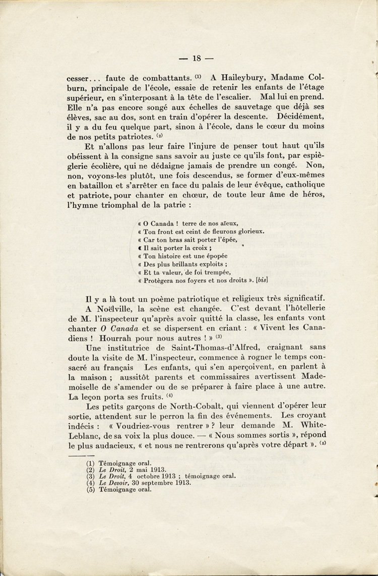 Reproduction de la dix-huiti&egrave;me page de La langue fran&ccedil;aise et les petits Canadiens fran&ccedil;ais de l’Ontario, &eacute;tude intitul&eacute;e Le mode de r&eacute;sistance et lue en s&eacute;ance publique de la Soci&eacute;t&eacute; du parler fran&ccedil;ais au Canada, &agrave; l’Universit&eacute; Laval (Qu&eacute;bec), le 4 f&eacute;vrier 1914, par Alphonse-T&eacute;lesphore Charron, 1914.