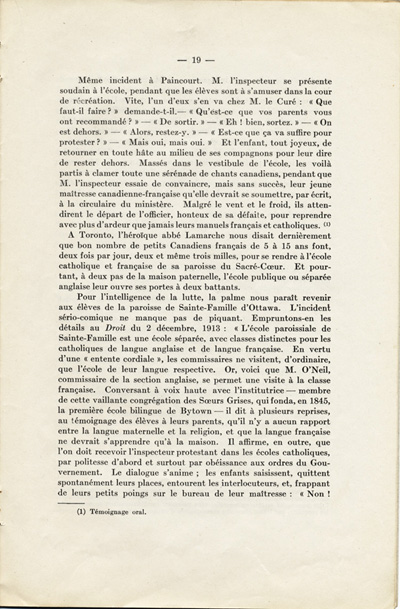 Reproduction de la dix-neuvi&egrave;me page de La langue fran&ccedil;aise et les petits Canadiens fran&ccedil;ais de l’Ontario, &eacute;tude intitul&eacute; Le mode de r&eacute;sistance et lue en s&eacute;ance publique de la Soci&eacute;t&eacute; du parler fran&ccedil;ais au Canada, &agrave; l’Universit&eacute; Laval (Qu&eacute;bec), le 4 f&eacute;vrier 1914, par Alphonse-T&eacute;lesphore1914.