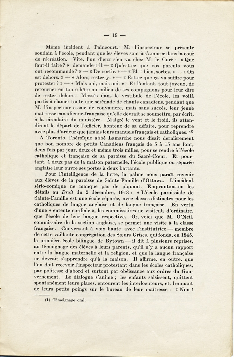 Reproduction de la dix-neuvi&egrave;me page de La langue fran&ccedil;aise et les petits Canadiens fran&ccedil;ais de l’Ontario, &eacute;tude intitul&eacute; Le mode de r&eacute;sistance et lue en s&eacute;ance publique de la Soci&eacute;t&eacute; du parler fran&ccedil;ais au Canada, &agrave; l’Universit&eacute; Laval (Qu&eacute;bec), le 4 f&eacute;vrier 1914, par Alphonse-T&eacute;lesphore1914.