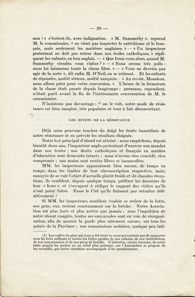 Reproduction de la vingti&egrave;me page de La langue fran&ccedil;aise et les petits Canadiens fran&ccedil;ais de l’Ontario, &eacute;tude intitul&eacute;e Le mode de r&eacute;sistance et lue en s&eacute;ance publique de la Soci&eacute;t&eacute; du parler fran&ccedil;ais au Canada, &agrave; l’Universit&eacute; Laval (Qu&eacute;bec), le 4 f&eacute;vrier 1914, par Alphonse-T&eacute;lesphore Charron, 1914.