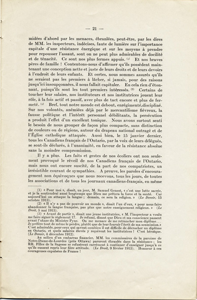 Reproduction de la vingt et uni&egrave;me page de La langue fran&ccedil;aise et les petits Canadiens fran&ccedil;ais de l’Ontario, &eacute;tude intitul&eacute;e Le mode de r&eacute;sistance et lue en s&eacute;ance publique de la Soci&eacute;t&eacute; du parler fran&ccedil;ais au Canada, &agrave; l’Universit&eacute; Laval (Qu&eacute;bec), le 4 f&eacute;vrier 1914, par Alphonse-T&eacute;lesphore Charron, 1914.