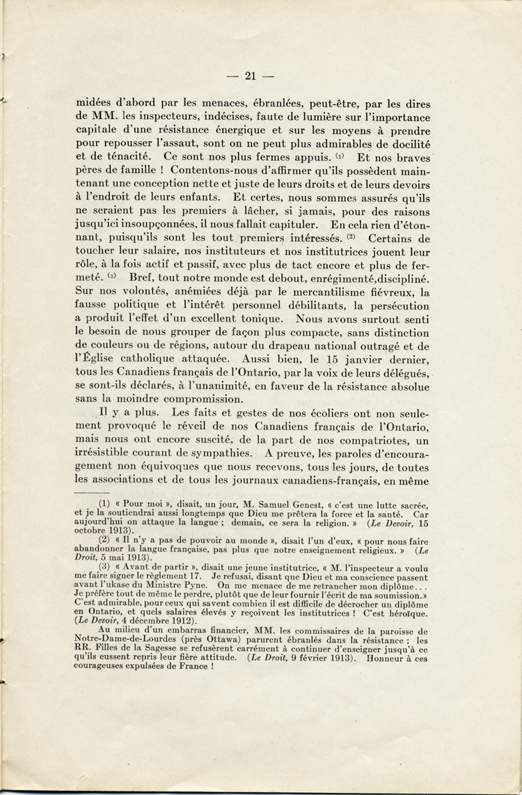Reproduction de la vingt et uni&egrave;me page de La langue fran&ccedil;aise et les petits Canadiens fran&ccedil;ais de l’Ontario, &eacute;tude intitul&eacute;e Le mode de r&eacute;sistance et lue en s&eacute;ance publique de la Soci&eacute;t&eacute; du parler fran&ccedil;ais au Canada, &agrave; l’Universit&eacute; Laval (Qu&eacute;bec), le 4 f&eacute;vrier 1914, par Alphonse-T&eacute;lesphore Charron, 1914.