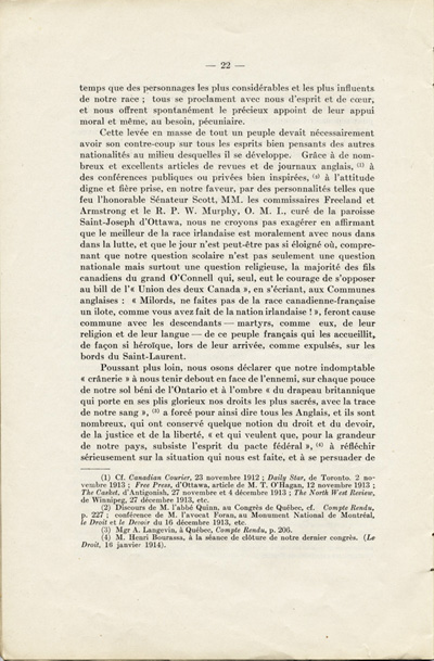Reproduction de la vingt-deuxi&egrave;me page de La langue fran&ccedil;aise et les petits Canadiens fran&ccedil;ais de l’Ontario, &eacute;tude intitul&eacute;e Le mode de r&eacute;sistance et lue en s&eacute;ance publique de la Soci&eacute;t&eacute; du parler fran&ccedil;ais au Canada, &agrave; l’Universit&eacute; Laval (Qu&eacute;bec), le 4 f&eacute;vrier 1914, par Alphonse-T&eacute;lesphore Charron, 1914.