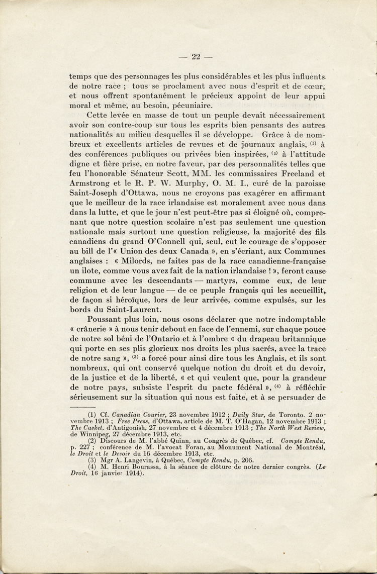 Reproduction de la vingt-deuxi&egrave;me page de La langue fran&ccedil;aise et les petits Canadiens fran&ccedil;ais de l’Ontario, &eacute;tude intitul&eacute;e Le mode de r&eacute;sistance et lue en s&eacute;ance publique de la Soci&eacute;t&eacute; du parler fran&ccedil;ais au Canada, &agrave; l’Universit&eacute; Laval (Qu&eacute;bec), le 4 f&eacute;vrier 1914, par Alphonse-T&eacute;lesphore Charron, 1914.