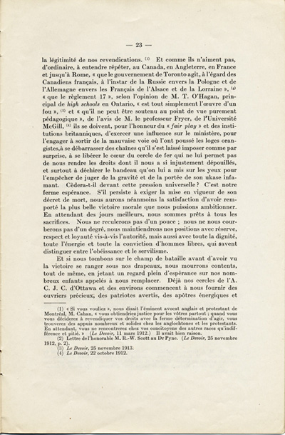 Reproduction de la vingt-troisi&egrave;me page de La langue fran&ccedil;aise et les petits Canadiens fran&ccedil;ais de l’Ontario, &eacute;tude intitul&eacute;e Le mode de r&eacute;sistance et lue en s&eacute;ance publique de la Soci&eacute;t&eacute; du parler fran&ccedil;ais au Canada, &agrave; l’Universit&eacute; Laval (Qu&eacute;bec), le 4 f&eacute;vrier 1914, par Alphonse-T&eacute;lesphore Charron, 1914.