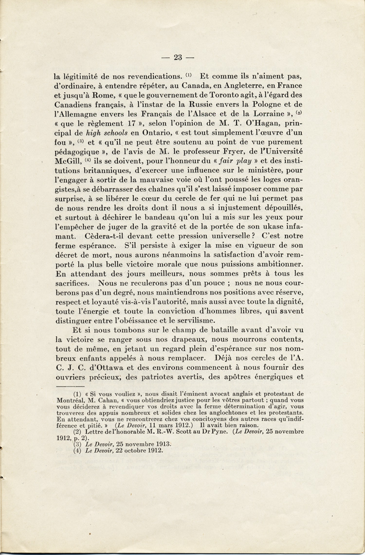 Reproduction de la vingt-troisi&egrave;me page de La langue fran&ccedil;aise et les petits Canadiens fran&ccedil;ais de l’Ontario, &eacute;tude intitul&eacute;e Le mode de r&eacute;sistance et lue en s&eacute;ance publique de la Soci&eacute;t&eacute; du parler fran&ccedil;ais au Canada, &agrave; l’Universit&eacute; Laval (Qu&eacute;bec), le 4 f&eacute;vrier 1914, par Alphonse-T&eacute;lesphore Charron, 1914.