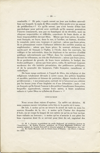 Reproduction de la vingt-quatri&egrave;me page de La langue fran&ccedil;aise et les petits Canadiens fran&ccedil;ais de l’Ontario, &eacute;tude intitul&eacute;e Le mode de r&eacute;sistance et lue en s&eacute;ance publique de la Soci&eacute;t&eacute; du parler fran&ccedil;ais au Canada, &agrave; l’Universit&eacute; Laval (Qu&eacute;bec), le 4 f&eacute;vrier 1914, par Alphonse-T&eacute;lesphore Charron, 1914.