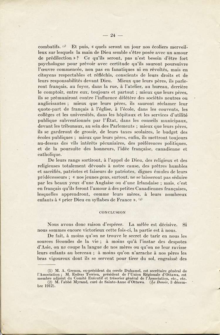 Reproduction de la vingt-quatri&egrave;me page de La langue fran&ccedil;aise et les petits Canadiens fran&ccedil;ais de l’Ontario, &eacute;tude intitul&eacute;e Le mode de r&eacute;sistance et lue en s&eacute;ance publique de la Soci&eacute;t&eacute; du parler fran&ccedil;ais au Canada, &agrave; l’Universit&eacute; Laval (Qu&eacute;bec), le 4 f&eacute;vrier 1914, par Alphonse-T&eacute;lesphore Charron, 1914.