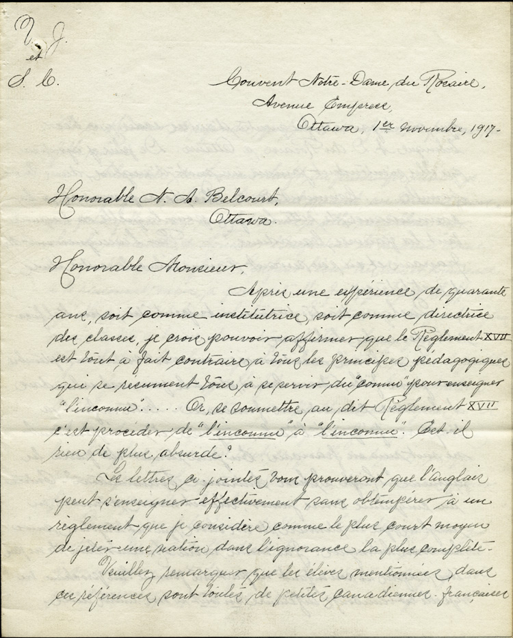 Reproduction de la premi&egrave;re page d’une lettre de soeur F&eacute;lix de Valois, sup&eacute;rieure du Couvent Notre-Dame du Rosaire d’Ottawa, au s&eacute;nateur Napol&eacute;on-Antoine Belcourt, 1er novembre 1917.