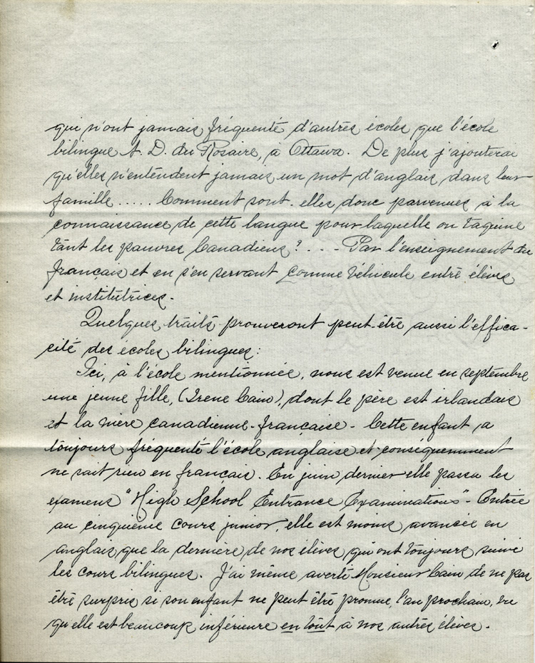 Reproduction de la deuxi&egrave;me page d’une lettre de soeur F&eacute;lix de Valois, sup&eacute;rieure du Couvent Notre-Dame du Rosaire d’Ottawa, au s&eacute;nateur Napol&eacute;on-Antoine Belcourt, 1er novembre 1917.