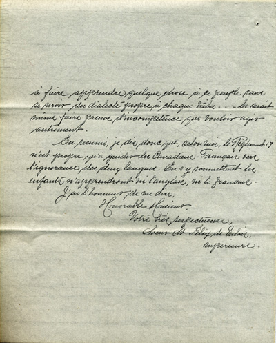 Reproduction de la quatri&egrave;me page d’une lettre de soeur F&eacute;lix de Valois, sup&eacute;rieure du Couvent Notre-Dame du Rosaire d’Ottawa, au s&eacute;nateur Napol&eacute;on-Antoine Belcourt, 1er novembre 1917.