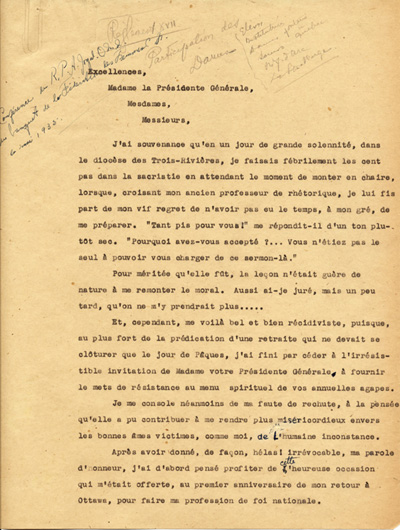 Reproduction de la premi&egrave;re page du texte de la conf&eacute;rence du p&egrave;re Arthur Joyal, o.m.i., directeur du secr&eacute;tariat de l’Association canadienne-fran&ccedil;aise d’&eacute;ducation d’Ontario, portant sur la participation des femmes &agrave; la r&eacute;sistance franco-ontarienne pendant le R&egrave;glement XVII, au banquet de la F&eacute;d&eacute;ration des femmes canadiennes-fran&ccedil;aises, mai 1935.