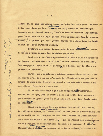 Reproduction de la onzi&egrave;me page du texte de la conf&eacute;rence du p&egrave;re Arthur Joyal, o.m.i., directeur du secr&eacute;tariat de l’Association canadienne-fran&ccedil;aise d’&eacute;ducation d’Ontario, portant sur la participation des femmes &agrave; la r&eacute;sistance franco-ontarienne pendant le R&egrave;glement XVII, au banquet de la F&eacute;d&eacute;ration des femmes canadiennes-fran&ccedil;aises, mai 1935.