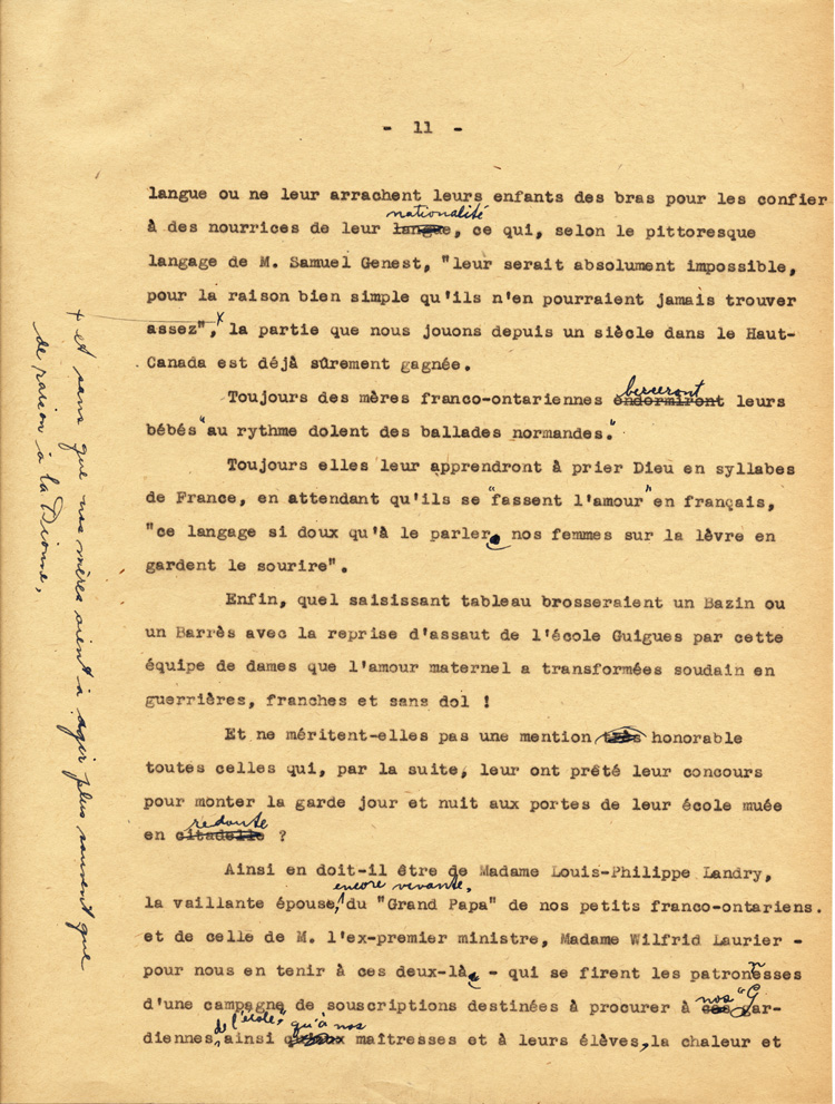 Reproduction de la onzi&egrave;me page du texte de la conf&eacute;rence du p&egrave;re Arthur Joyal, o.m.i., directeur du secr&eacute;tariat de l’Association canadienne-fran&ccedil;aise d’&eacute;ducation d’Ontario, portant sur la participation des femmes &agrave; la r&eacute;sistance franco-ontarienne pendant le R&egrave;glement XVII, au banquet de la F&eacute;d&eacute;ration des femmes canadiennes-fran&ccedil;aises, mai 1935.