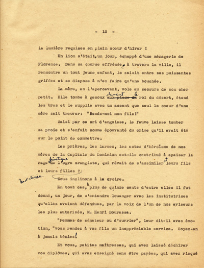 Reproduction de la douzi&egrave;me page du texte de la conf&eacute;rence du p&egrave;re Arthur Joyal, o.m.i., directeur du secr&eacute;tariat de l’Association canadienne-fran&ccedil;aise d’&eacute;ducation d’Ontario, portant sur la participation des femmes &agrave; la r&eacute;sistance franco-ontarienne pendant le R&egrave;glement XVII, au banquet de la F&eacute;d&eacute;ration des femmes canadiennes-fran&ccedil;aises, mai 1935.