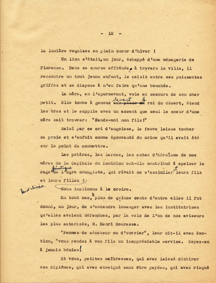 Reproduction de la douzi&egrave;me page du texte de la conf&eacute;rence du p&egrave;re Arthur Joyal, o.m.i., directeur du secr&eacute;tariat de l’Association canadienne-fran&ccedil;aise d’&eacute;ducation d’Ontario, portant sur la participation des femmes &agrave; la r&eacute;sistance franco-ontarienne pendant le R&egrave;glement XVII, au banquet de la F&eacute;d&eacute;ration des femmes canadiennes-fran&ccedil;aises, mai 1935.