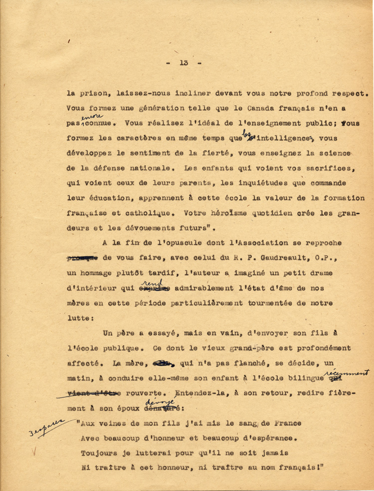 Reproduction de la treizi&egrave;me page du texte de la conf&eacute;rence du p&egrave;re Arthur Joyal, o.m.i., directeur du secr&eacute;tariat de l’Association canadienne-fran&ccedil;aise d’&eacute;ducation d’Ontario, portant sur la participation des femmes &agrave; la r&eacute;sistance franco-ontarienne pendant le R&egrave;glement XVII, au banquet de la F&eacute;d&eacute;ration des femmes canadiennes-fran&ccedil;aises, mai 1935.