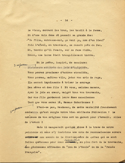 Reproduction de la quatorzi&egrave;me page du texte de la conf&eacute;rence du p&egrave;re Arthur Joyal, o.m.i., directeur du secr&eacute;tariat de l&middot;Association canadienne-fran&ccedil;aise d&middot;&eacute;ducation d&middot;Ontario, portant sur la participation des femmes &agrave; la r&eacute;sistance franco-ontarienne pendant le R&egrave;glement XVII, au banquet de la F&eacute;d&eacute;ration des femmes canadiennes-fran&ccedil;aises, mai 1935.