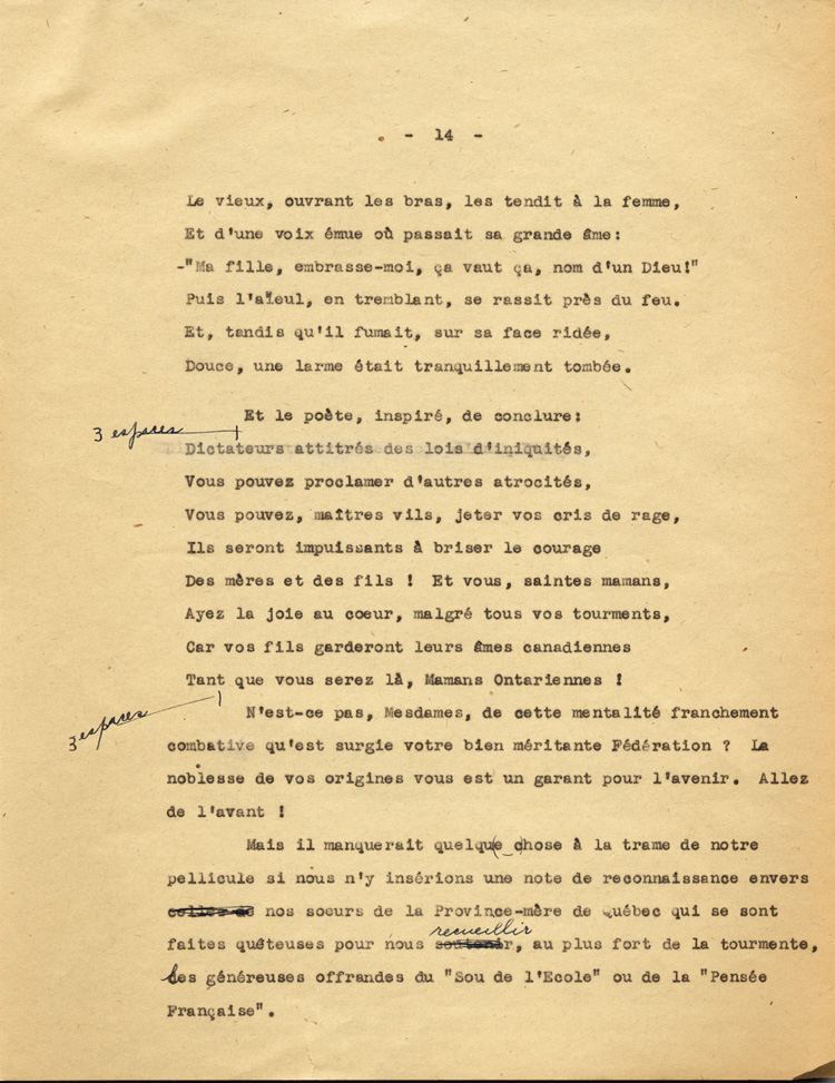 Reproduction de la quatorzi&egrave;me page  du texte de la conf&eacute;rence du p&egrave;re Arthur Joyal, o.m.i., directeur du secr&eacute;tariat de l&middot;Association canadienne-fran&ccedil;aise d&middot;&eacute;ducation d&middot;Ontario, portant sur la participation des femmes &agrave; la r&eacute;sistance franco-ontarienne pendant le R&egrave;glement XVII, au banquet de la F&eacute;d&eacute;ration des femmes canadiennes-fran&ccedil;aises, mai 1935.