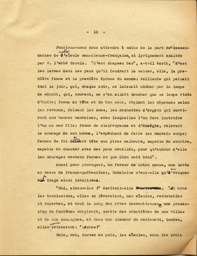 Reproduction de la quinzi&egrave;me page du texte de la conf&eacute;rence du p&egrave;re Arthur Joyal, o.m.i., directeur du secr&eacute;tariat de l’Association canadienne-fran&ccedil;aise d’&eacute;ducation d’Ontario, portant sur la participation des femmes &agrave; la r&eacute;sistance franco-ontarienne pendant le R&egrave;glement XVII, au banquet de la F&eacute;d&eacute;ration des femmes canadiennes-fran&ccedil;aises, mai 1935.
