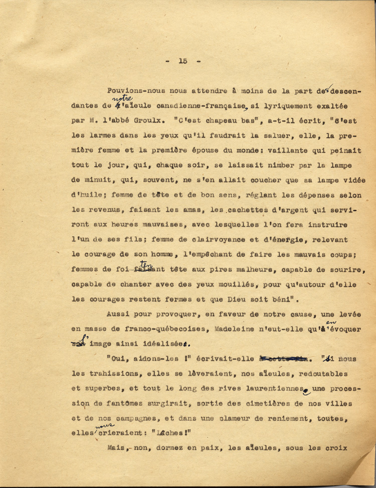 Reproduction de la quinzi&egrave;me page du texte de la conf&eacute;rence du p&egrave;re Arthur Joyal, o.m.i., directeur du secr&eacute;tariat de l’Association canadienne-fran&ccedil;aise d’&eacute;ducation d’Ontario, portant sur la participation des femmes &agrave; la r&eacute;sistance franco-ontarienne pendant le R&egrave;glement XVII, au banquet de la F&eacute;d&eacute;ration des femmes canadiennes-fran&ccedil;aises, mai 1935.