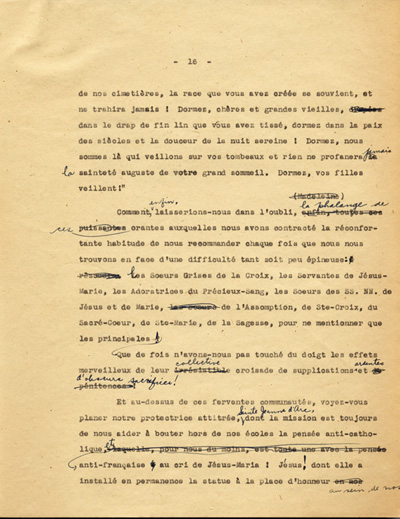 Reproduction de la seizi&egrave;me page du texte de la conf&eacute;rence du p&egrave;re Arthur Joyal, o.m.i., directeur du secr&eacute;tariat de l’Association canadienne-fran&ccedil;aise d’&eacute;ducation d’Ontario, portant sur la participation des femmes &agrave; la r&eacute;sistance franco-ontarienne pendant le R&egrave;glement XVII, au banquet de la F&eacute;d&eacute;ration des femmes canadiennes-fran&ccedil;aises, mai 1935.