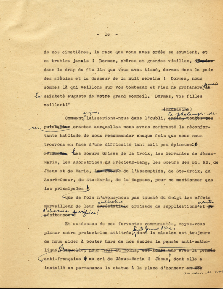 Reproduction de la seizi&egrave;me page du texte de la conf&eacute;rence du p&egrave;re Arthur Joyal, o.m.i., directeur du secr&eacute;tariat de l’Association canadienne-fran&ccedil;aise d’&eacute;ducation d’Ontario, portant sur la participation des femmes &agrave; la r&eacute;sistance franco-ontarienne pendant le R&egrave;glement XVII, au banquet de la F&eacute;d&eacute;ration des femmes canadiennes-fran&ccedil;aises, mai 1935.
