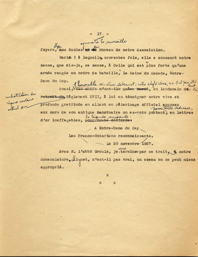 Reproduction de la dix-septi&egrave;me page du texte de la conf&eacute;rence du p&egrave;re Arthur Joyal, o.m.i., directeur du secr&eacute;tariat de l’Association canadienne-fran&ccedil;aise d’&eacute;ducation d’Ontario, portant sur la participation des femmes &agrave; la r&eacute;sistance franco-ontarienne pendant le R&egrave;glement XVII, au banquet de la F&eacute;d&eacute;ration des femmes canadiennes-fran&ccedil;aises, mai 1935.