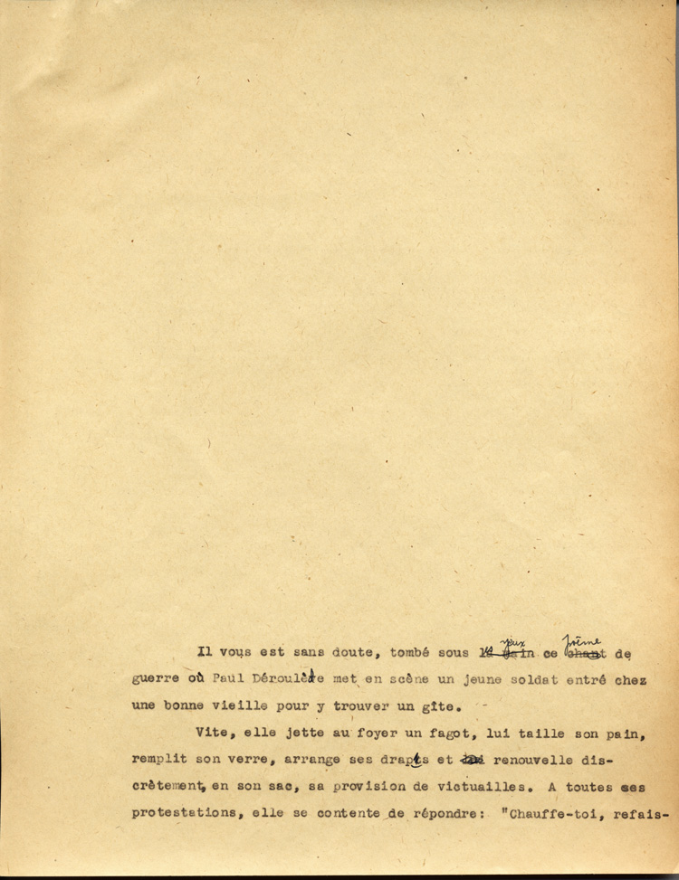 Reproduction de la dix-septi&egrave;me page B du texte de la conf&eacute;rence du p&egrave;re Arthur Joyal, o.m.i., directeur du secr&eacute;tariat de l’Association canadienne-fran&ccedil;aise d’&eacute;ducation d’Ontario, portant sur la participation des femmes &agrave; la r&eacute;sistance franco-ontarienne pendant le R&egrave;glement XVII, au banquet de la F&eacute;d&eacute;ration des femmes canadiennes-fran&ccedil;aises, mai 1935.