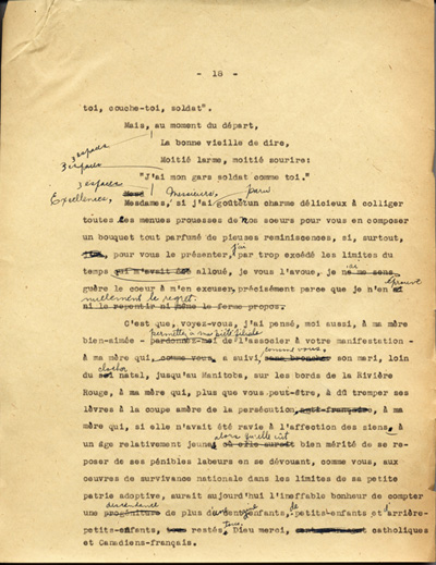 Reproduction de la dix-huiti&egrave;me page du texte de la conf&eacute;rence du p&egrave;re Arthur Joyal, o.m.i., directeur du secr&eacute;tariat de l’Association canadienne-fran&ccedil;aise d’&eacute;ducation d’Ontario, portant sur la participation des femmes &agrave; la r&eacute;sistance franco-ontarienne pendant le R&egrave;glement XVII, au banquet de la F&eacute;d&eacute;ration des femmes canadiennes-fran&ccedil;aises, mai 1935.