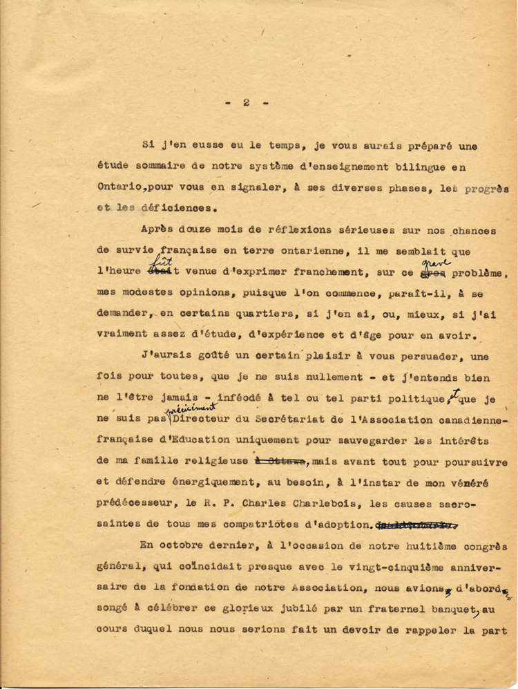 Reproduction de la deuxi&egrave;me page du texte de la conf&eacute;rence du p&egrave;re Arthur Joyal, o.m.i., directeur du secr&eacute;tariat de l’Association canadienne-fran&ccedil;aise d’&eacute;ducation d’Ontario, portant sur la participation des femmes &agrave; la r&eacute;sistance franco-ontarienne pendant le R&egrave;glement XVII, au banquet de la F&eacute;d&eacute;ration des femmes canadiennes-fran&ccedil;aises, mai 1935.