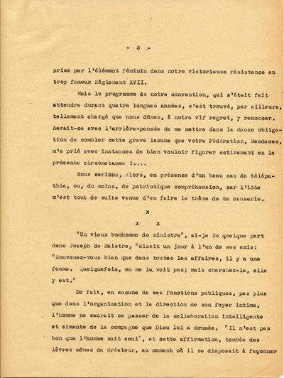 Reproduction de la troisi&egrave;me page du texte de la conf&eacute;rence du p&egrave;re Arthur Joyal, o.m.i., directeur du secr&eacute;tariat de l’Association canadienne-fran&ccedil;aise d’&eacute;ducation d’Ontario, portant sur la participation des femmes &agrave; la r&eacute;sistance franco-ontarienne pendant le R&egrave;glement XVII, au banquet de la F&eacute;d&eacute;ration des femmes canadiennes-fran&ccedil;aises, mai 1935.
