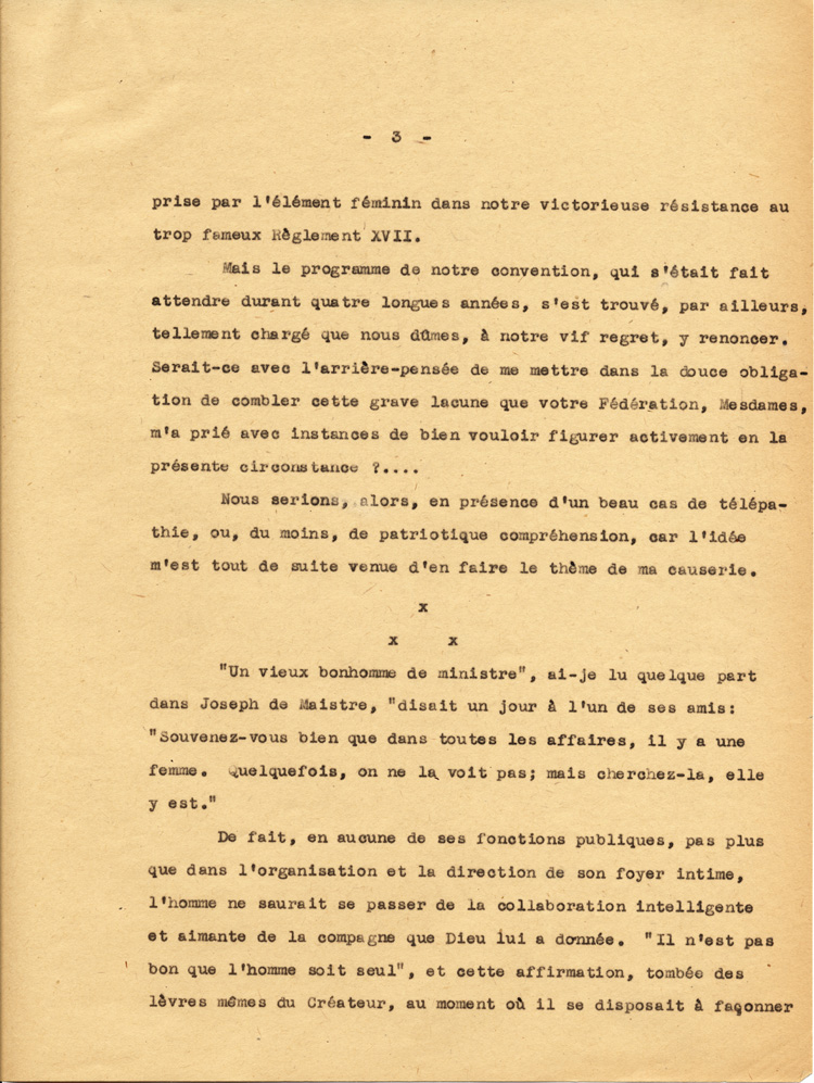 Reproduction de la troisi&egrave;me page du texte de la conf&eacute;rence du p&egrave;re Arthur Joyal, o.m.i., directeur du secr&eacute;tariat de l’Association canadienne-fran&ccedil;aise d’&eacute;ducation d’Ontario, portant sur la participation des femmes &agrave; la r&eacute;sistance franco-ontarienne pendant le R&egrave;glement XVII, au banquet de la F&eacute;d&eacute;ration des femmes canadiennes-fran&ccedil;aises, mai 1935.