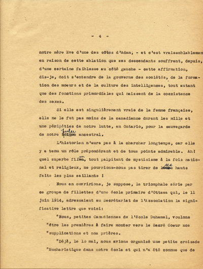 Reproduction de la quatri&egrave;me page du texte de la conf&eacute;rence du p&egrave;re Arthur Joyal, o.m.i., directeur du secr&eacute;tariat de l’Association canadienne-fran&ccedil;aise d’&eacute;ducation d’Ontario, portant sur la participation des femmes &agrave; la r&eacute;sistance franco-ontarienne pendant le R&egrave;glement XVII, au banquet de la F&eacute;d&eacute;ration des femmes canadiennes-fran&ccedil;aises, mai 1935.