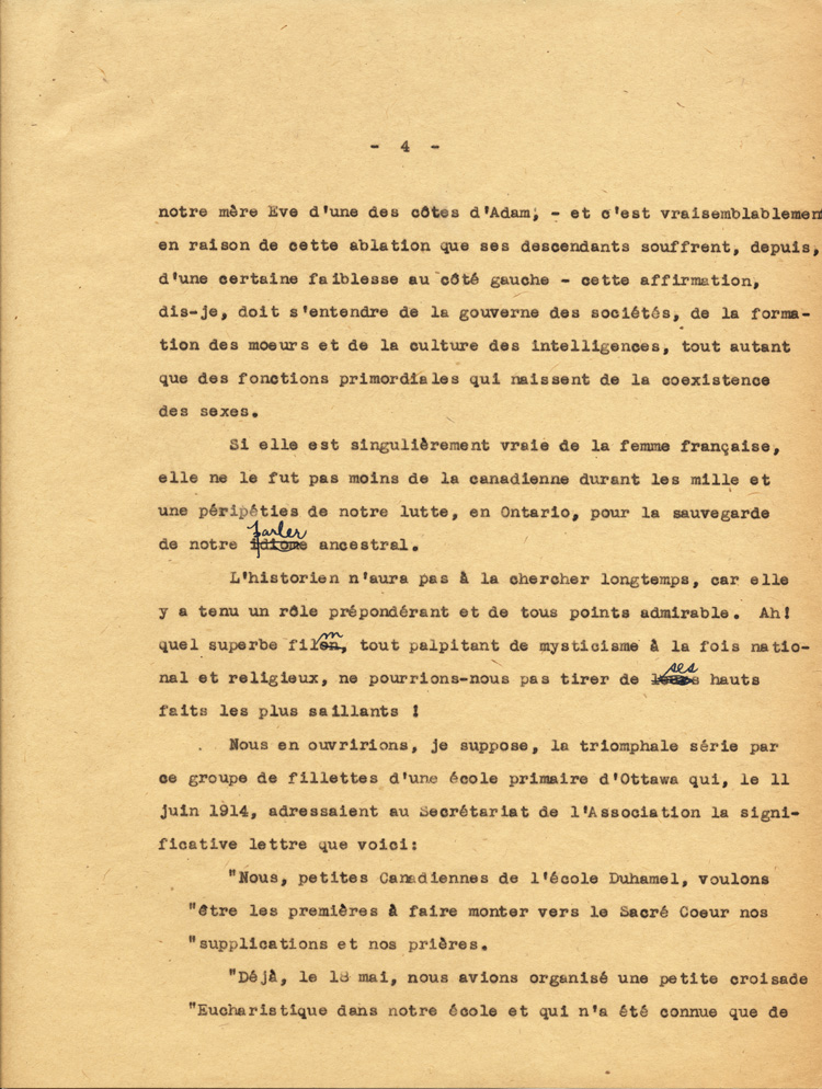 Reproduction de la quatri&egrave;me page du texte de la conf&eacute;rence du p&egrave;re Arthur Joyal, o.m.i., directeur du secr&eacute;tariat de l’Association canadienne-fran&ccedil;aise d’&eacute;ducation d’Ontario, portant sur la participation des femmes &agrave; la r&eacute;sistance franco-ontarienne pendant le R&egrave;glement XVII, au banquet de la F&eacute;d&eacute;ration des femmes canadiennes-fran&ccedil;aises, mai 1935.