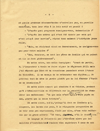 Reproduction de la sixi&egrave;me page du texte de la conf&eacute;rence du p&egrave;re Arthur Joyal, o.m.i., directeur du secr&eacute;tariat de l’Association canadienne-fran&ccedil;aise d’&eacute;ducation d’Ontario, portant sur la participation des femmes &agrave; la r&eacute;sistance franco-ontarienne pendant le R&egrave;glement XVII, au banquet de la F&eacute;d&eacute;ration des femmes canadiennes-fran&ccedil;aises, mai 1935.