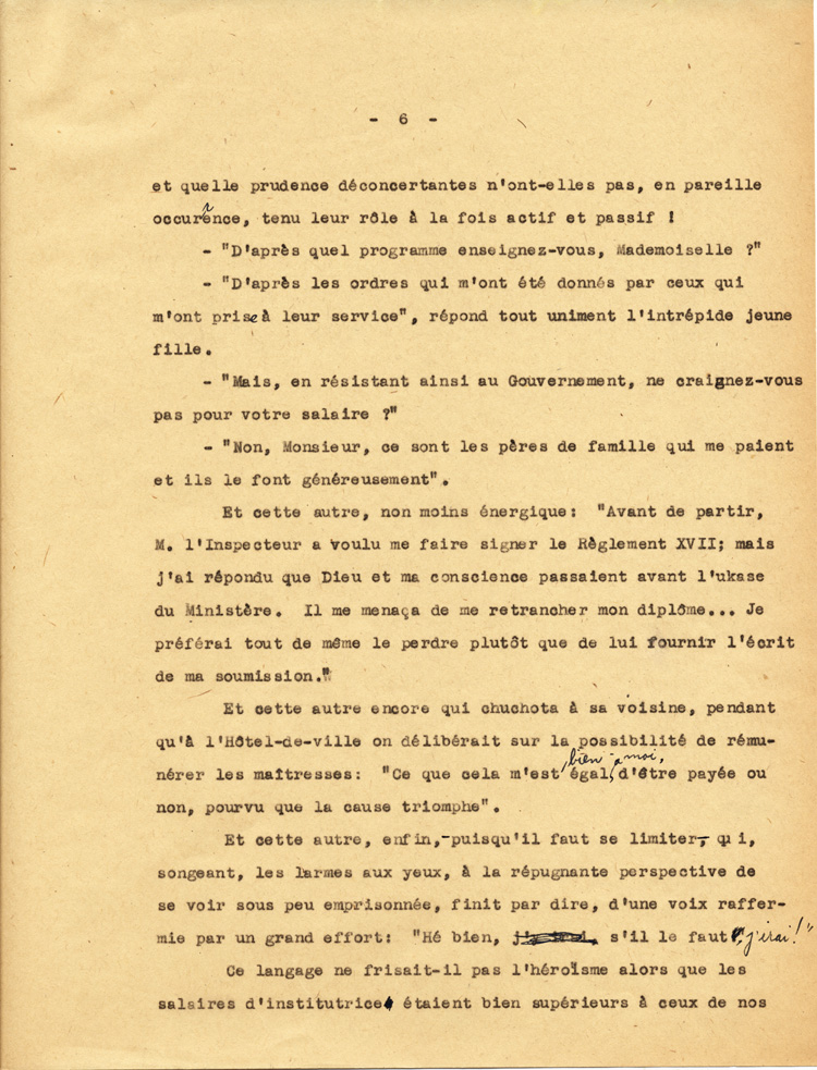 Reproduction de la sixi&egrave;me page du texte de la conf&eacute;rence du p&egrave;re Arthur Joyal, o.m.i., directeur du secr&eacute;tariat de l’Association canadienne-fran&ccedil;aise d’&eacute;ducation d’Ontario, portant sur la participation des femmes &agrave; la r&eacute;sistance franco-ontarienne pendant le R&egrave;glement XVII, au banquet de la F&eacute;d&eacute;ration des femmes canadiennes-fran&ccedil;aises, mai 1935.